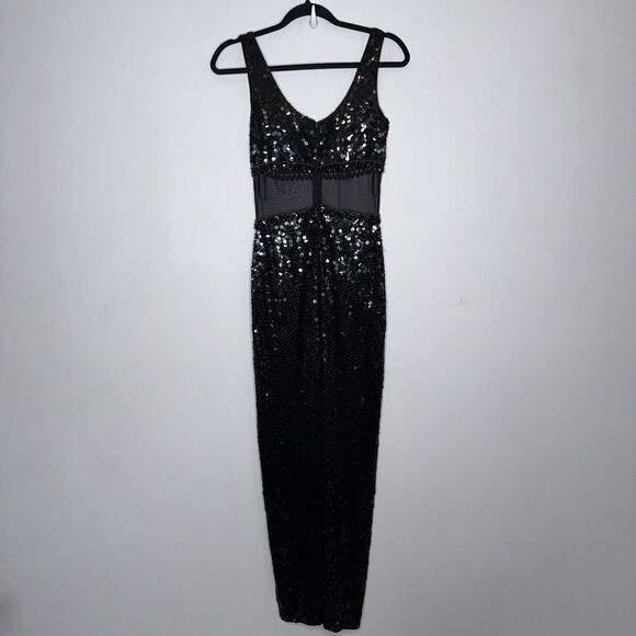 Cache Women’s Full Sequin Maxi Dress Thigh Slit Black Prom Vintage Y2K Size 2 - Picture 5 of 6